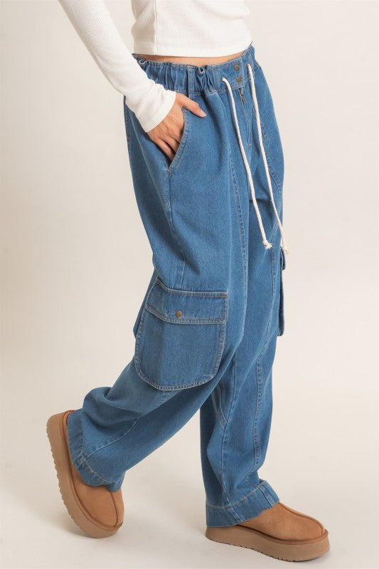 Drawstring Cargo Denim Pants