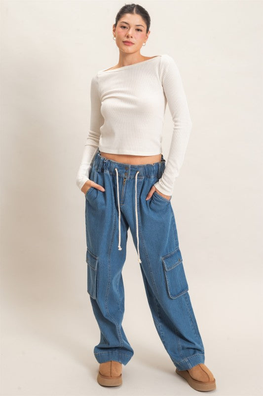 Drawstring Cargo Denim Pants