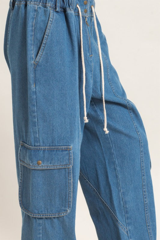 Drawstring Cargo Denim Pants