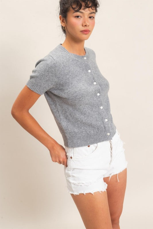 Crew Neck Short Sleeve Cardigan