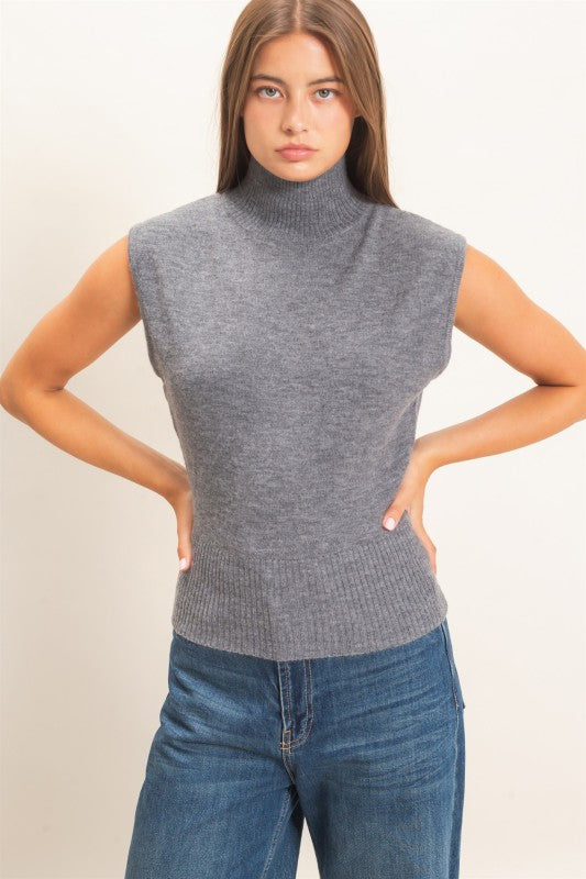Sleeveless High Neck Knit Top