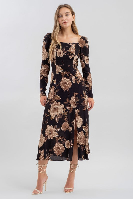 Floral Square Neck Long Sleeve Midi Dress