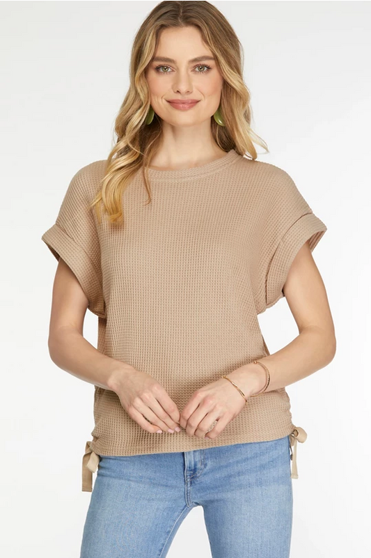 Folded Drop Sleeve Waffle Knit with side Drawstring