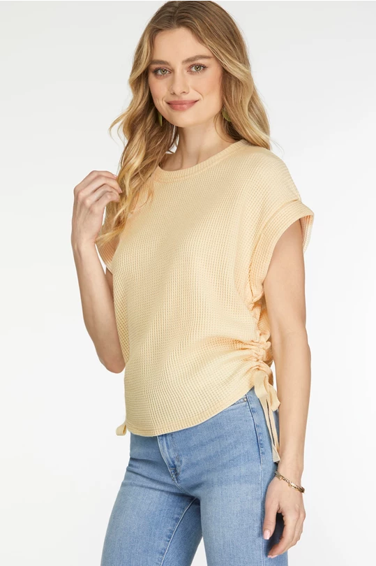 Folded Drop Sleeve Waffle Knit with side Drawstring