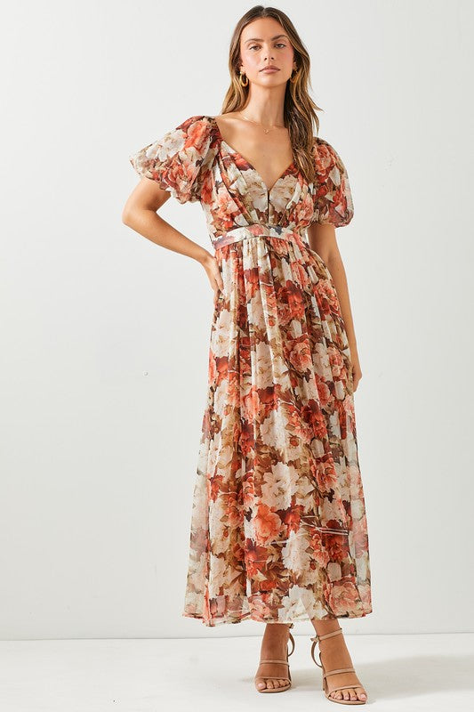 Pleated Bust Midi Floral Dress