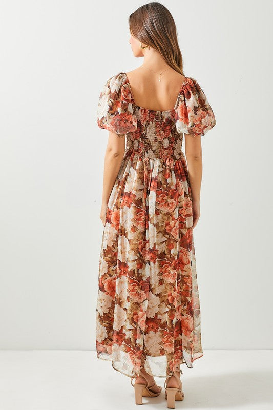 Pleated Bust Midi Floral Dress