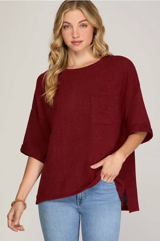 Drop shoulder sweater knit top with front side pocket