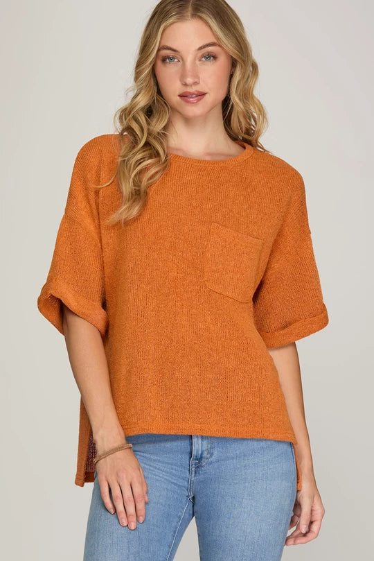 Drop shoulder sweater knit top with front side pocket