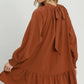 Textured Long Sleeve Mini Dress w/Back Bow Tie