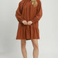 Textured Long Sleeve Mini Dress w/Back Bow Tie