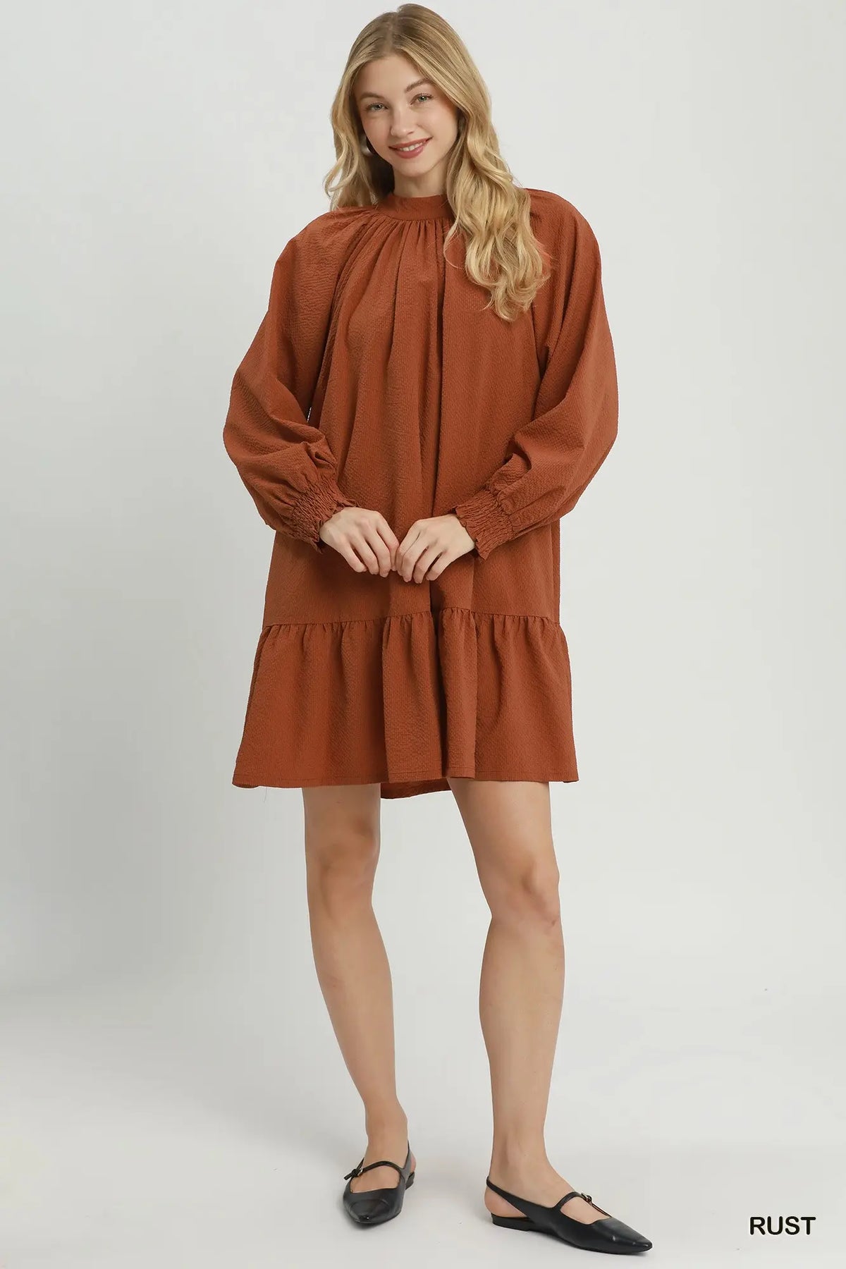 Textured Long Sleeve Mini Dress w/Back Bow Tie