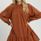 Textured Long Sleeve Mini Dress w/Back Bow Tie