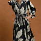 V-Neck Collared Print Midi Dress with Belt Tie