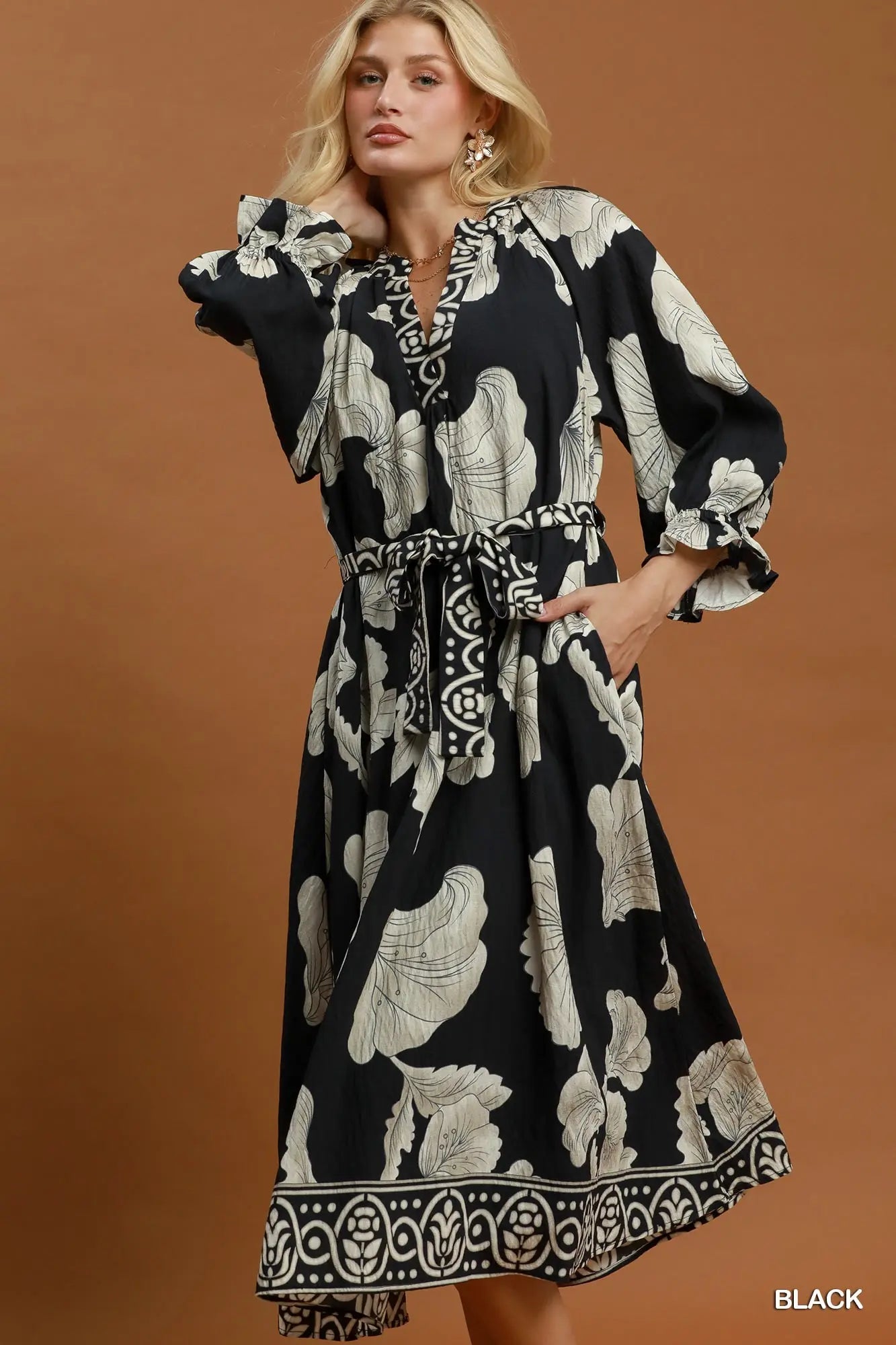 V-Neck Collared Print Midi Dress with Belt Tie