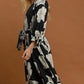 V-Neck Collared Print Midi Dress with Belt Tie