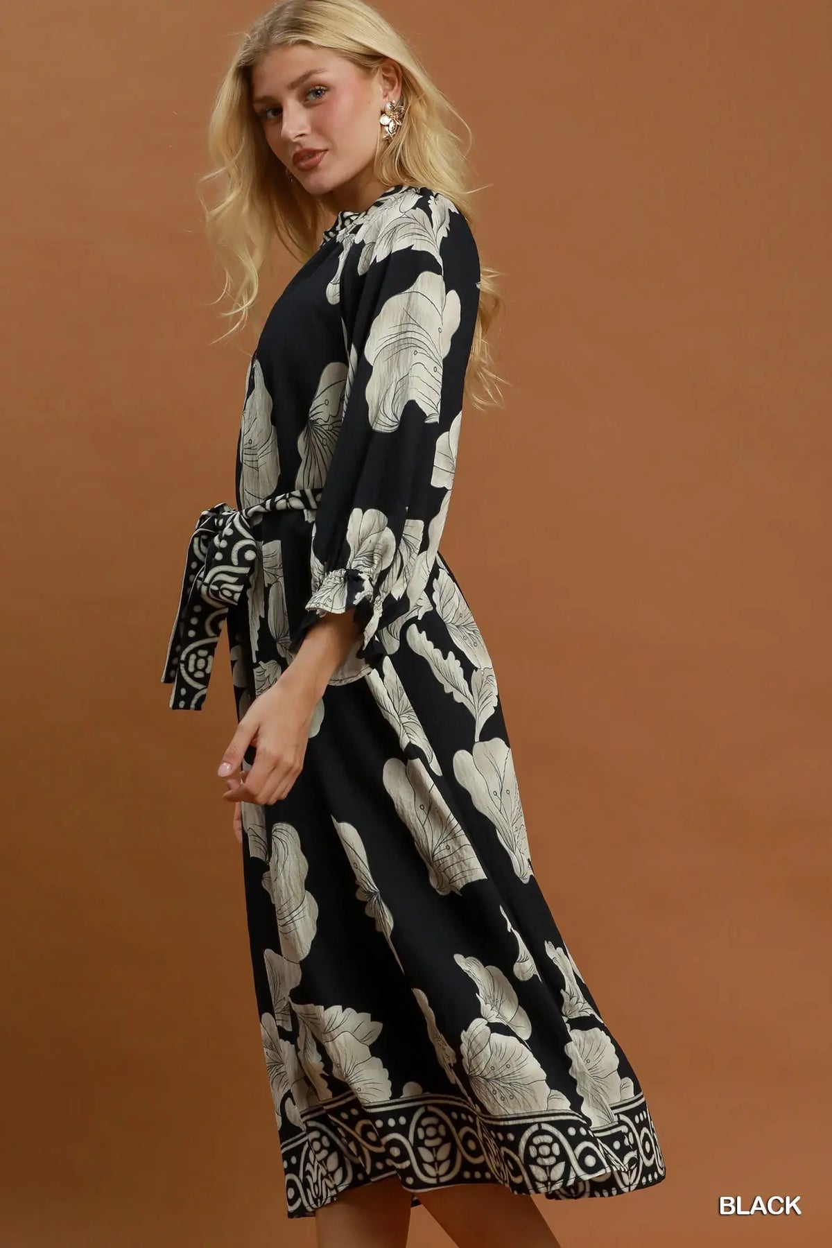 V-Neck Collared Print Midi Dress with Belt Tie