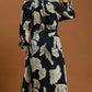 V-Neck Collared Print Midi Dress with Belt Tie