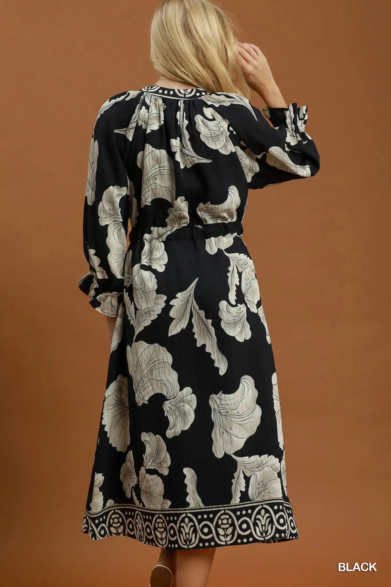 V-Neck Collared Print Midi Dress with Belt Tie
