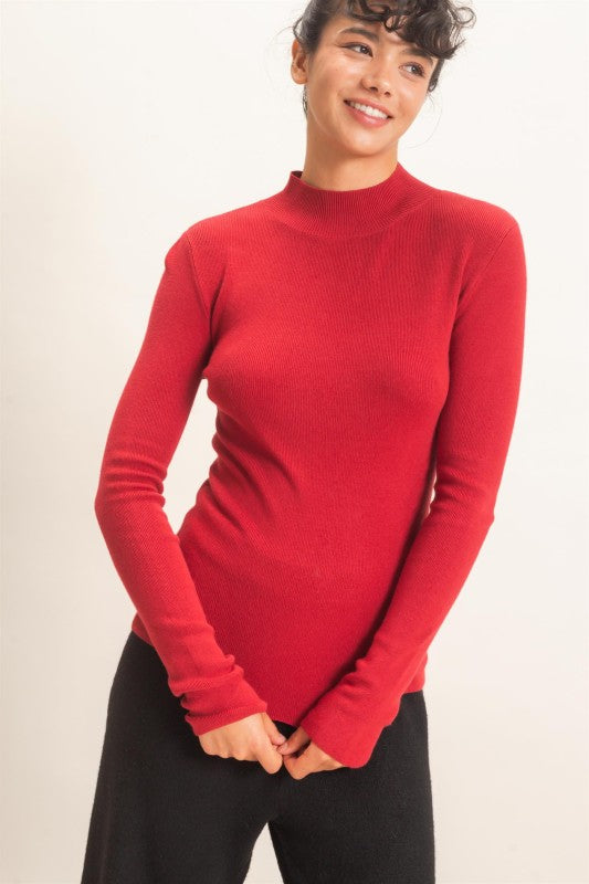Ribbed Mock Neck Long Sleeve Knit Top