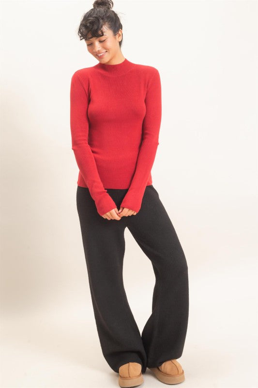 Ribbed Mock Neck Long Sleeve Knit Top