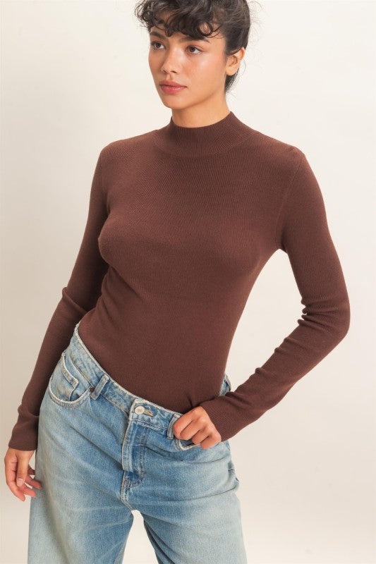 Ribbed Mock Neck Long Sleeve Knit Top