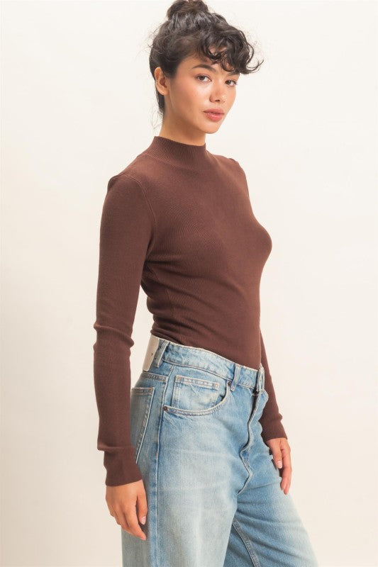 Ribbed Mock Neck Long Sleeve Knit Top