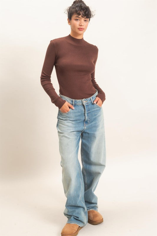 Ribbed Mock Neck Long Sleeve Knit Top