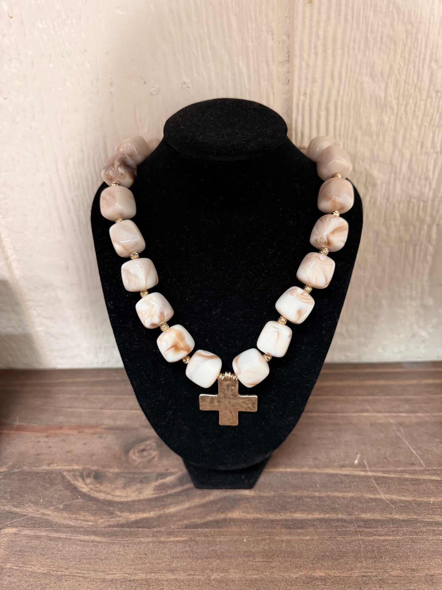 Water Resistant 16MM Natural Resin Beaded Cross 18” Necklace