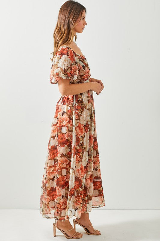 Pleated Bust Midi Floral Dress