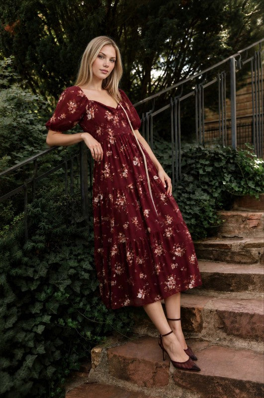 Floral Sweetheart Smocked Puff Tiered Midi Dress