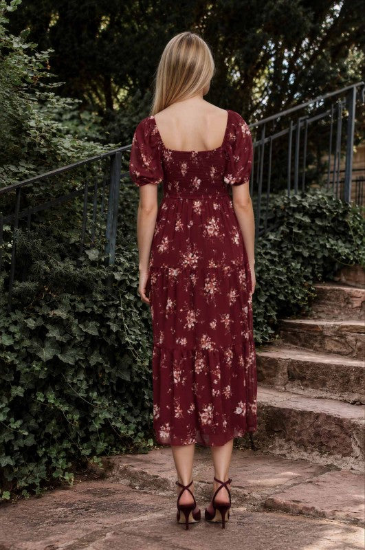 Floral Sweetheart Smocked Puff Tiered Midi Dress