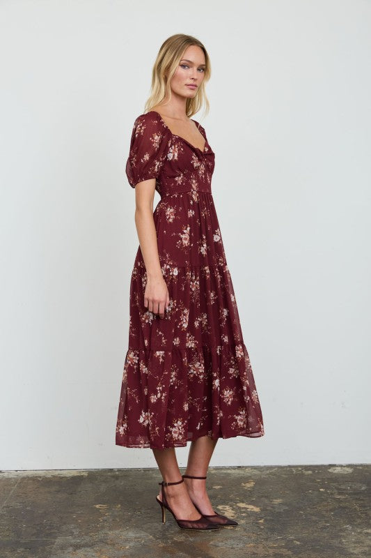 Floral Sweetheart Smocked Puff Tiered Midi Dress