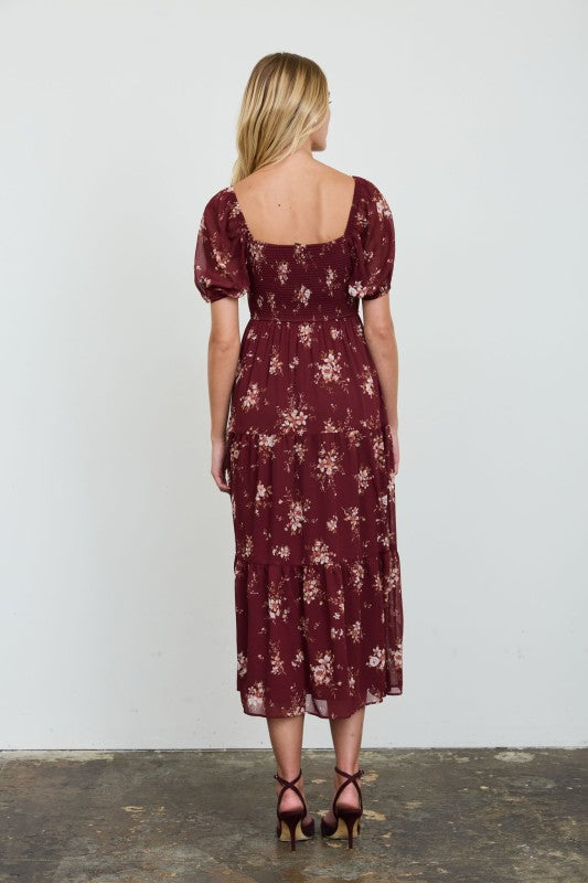 Floral Sweetheart Smocked Puff Tiered Midi Dress