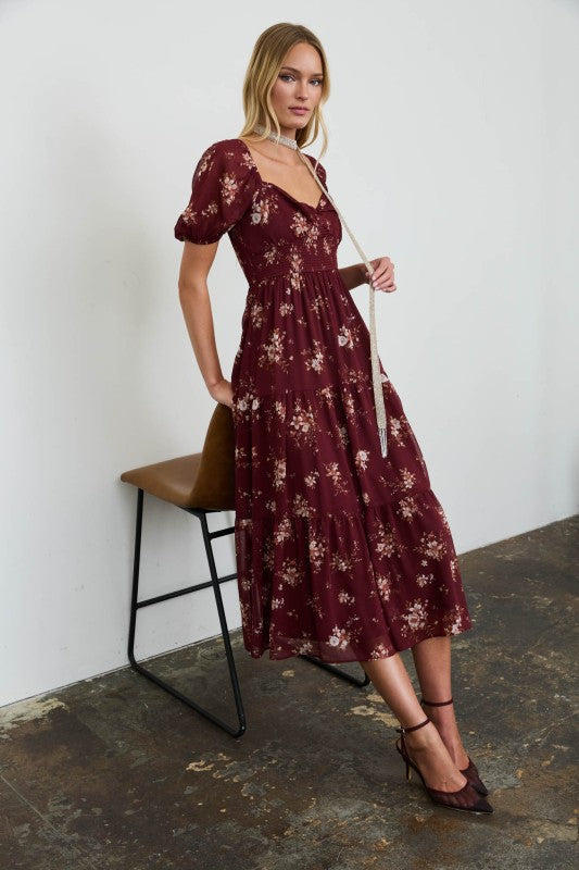 Floral Sweetheart Smocked Puff Tiered Midi Dress