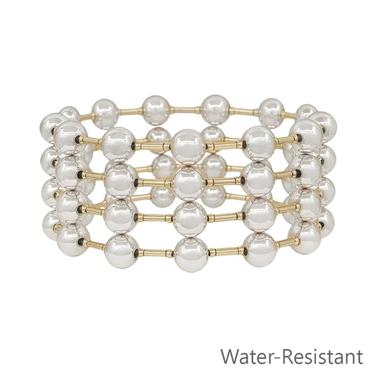 Water Resistant set of 4 8MM Silver Beaded and Gold Bar Stretch Bracelets