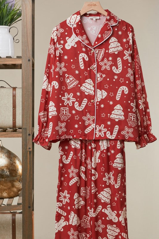Christmas Print Button-Up Loungewear