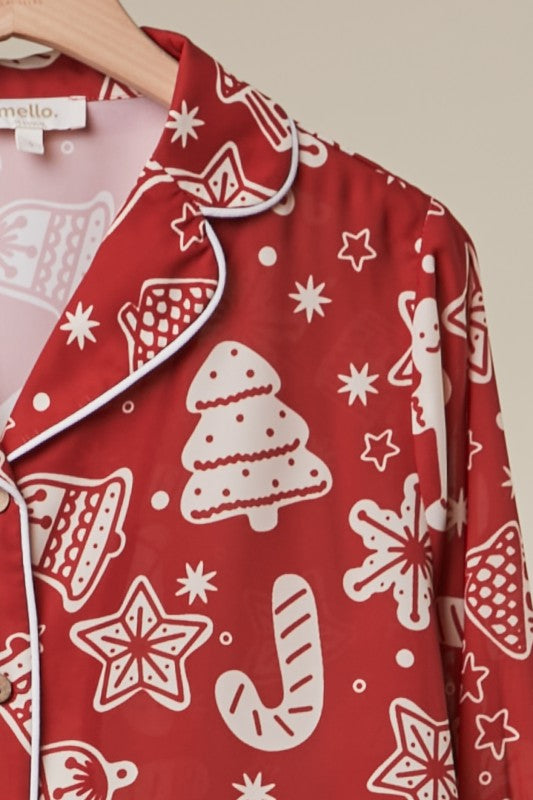 Christmas Print Button-Up Loungewear