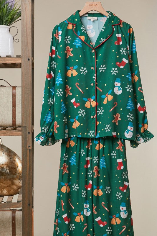 Christmas Print Button-Up Loungewear