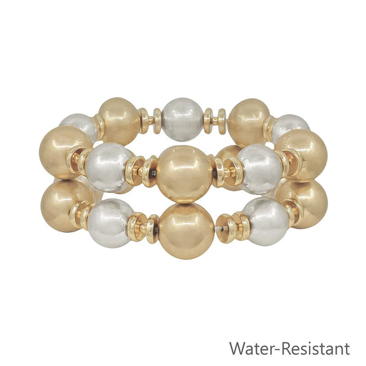 Water Resistant Matte Gold and Silver Beaded Set of 2 Bracelets