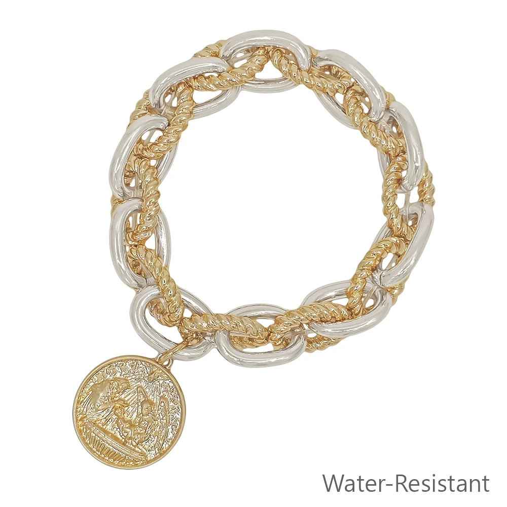 Water Resistant Textured Silver Metal Link Coin Stretch Bracelet