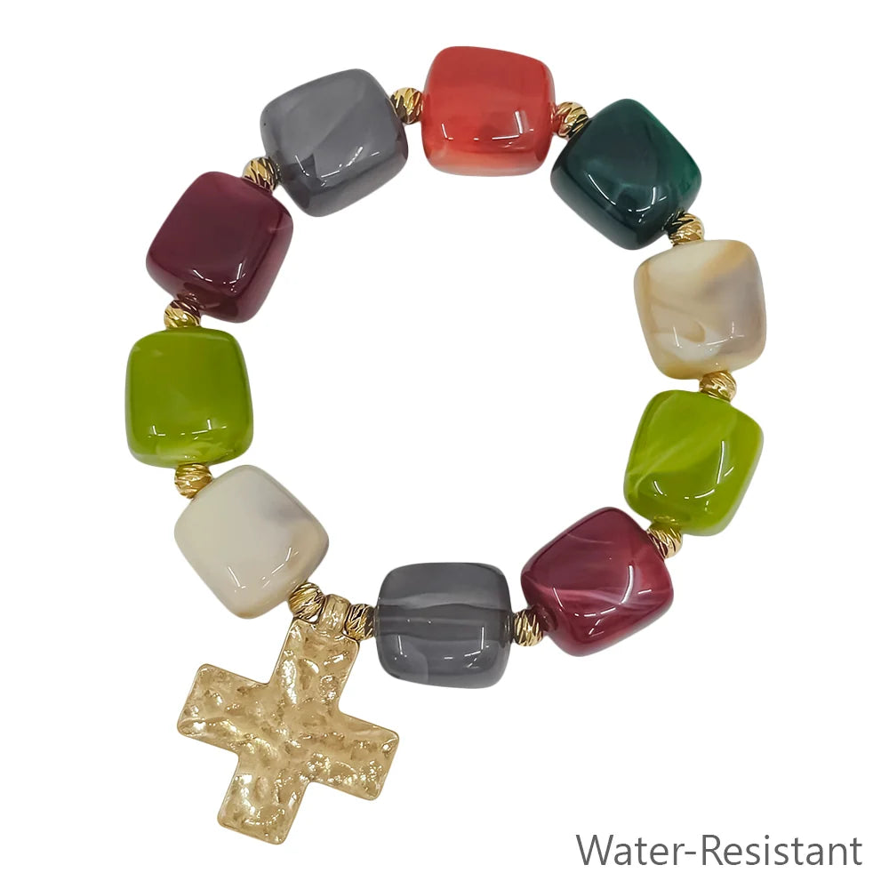 Water Resistant 16MM Resin Beaded 1.2" Cross Stretch Bracelets