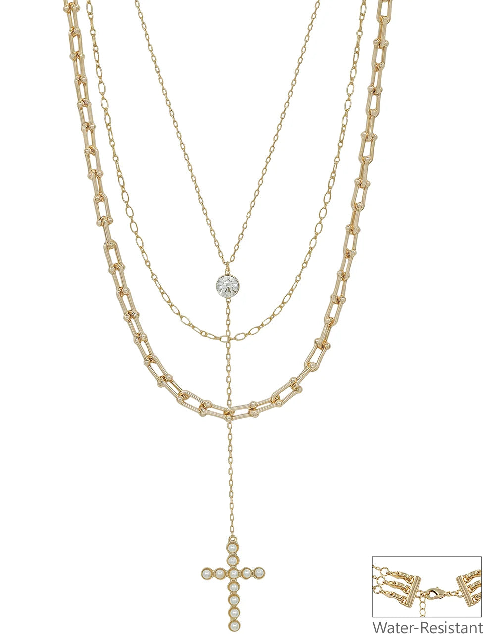 Water Resistant Gold Chain Layered with Y Drop Pearl Bubble Cross 16"-18" Necklace