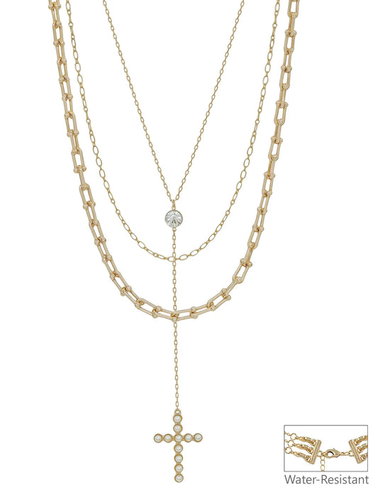 Water Resistant Gold Chain Layered with Y Drop Pearl Bubble Cross 16"-18" Necklace