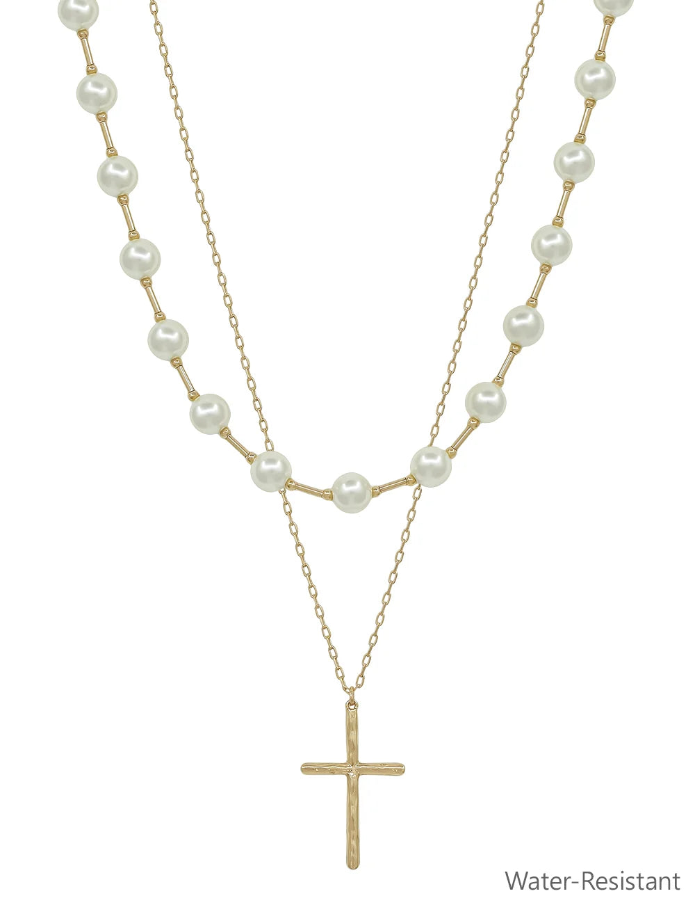 Water Resistant Pearl and Cross Layered 16"-18" Necklace