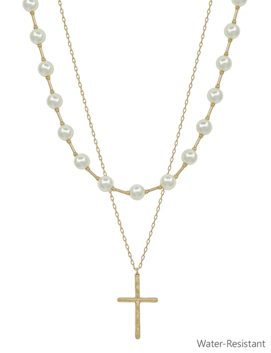 Water Resistant Pearl and Cross Layered 16"-18" Necklace