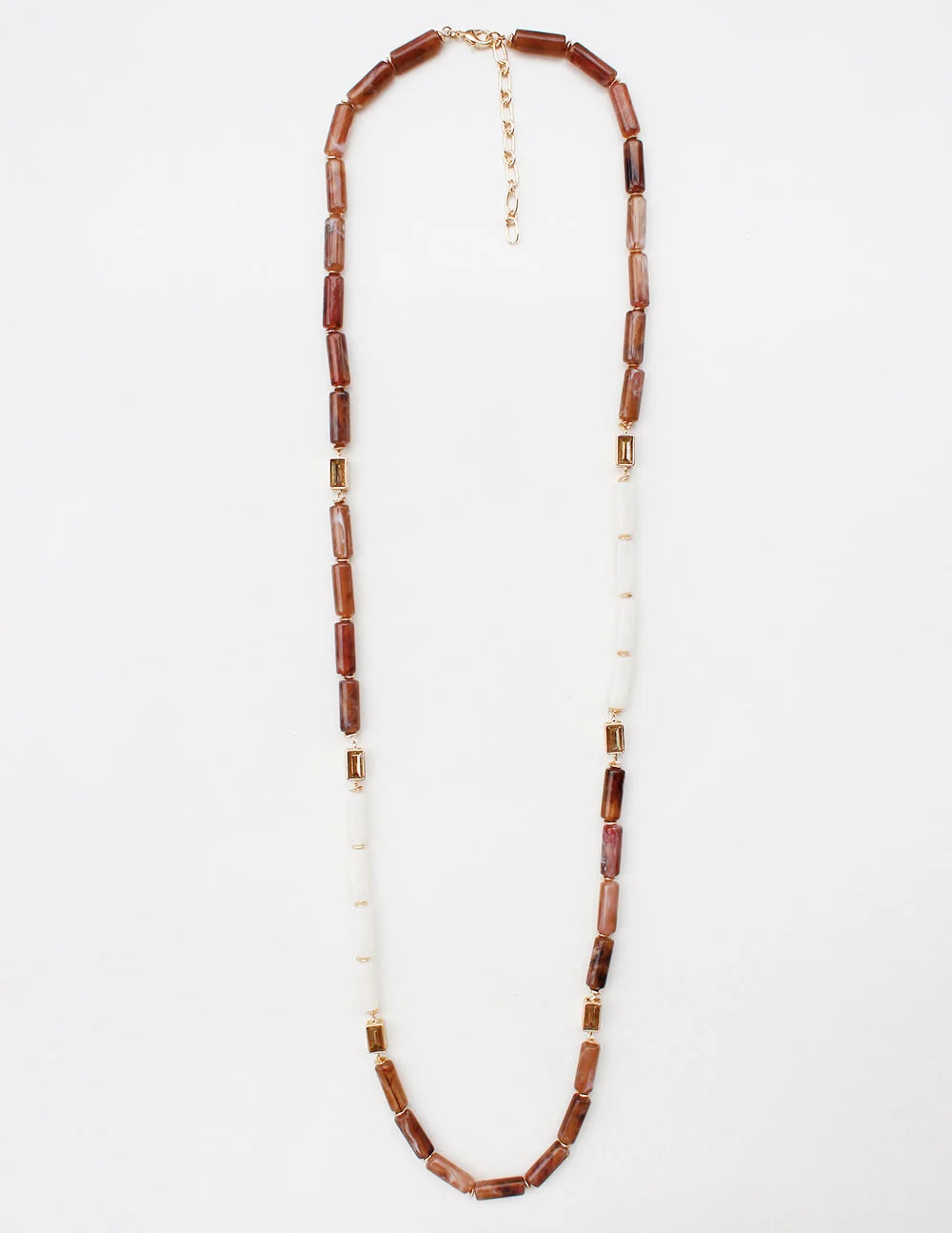 Brown and White Oval Stone Glass Beaded 32" Necklace