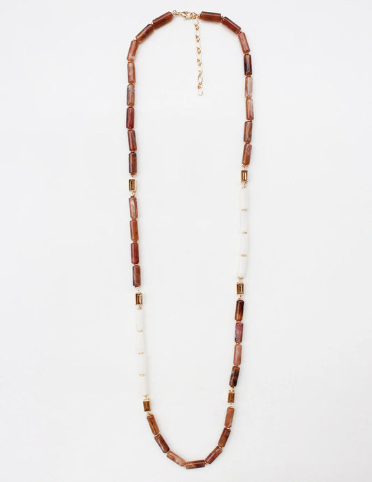 Brown and White Oval Stone Glass Beaded 32" Necklace