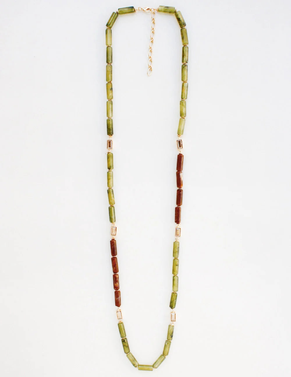 Olive Green and Brown Oval Stone Glass Beaded 32" Necklace