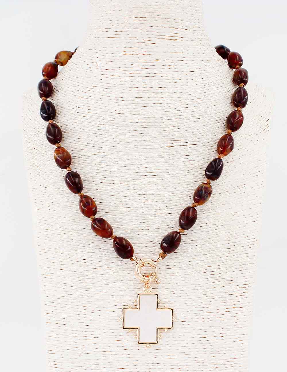 Acrylic Beaded with Pearlized White Cross 18" Necklace