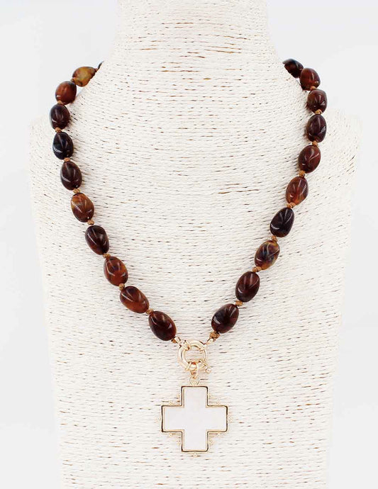 Acrylic Beaded with Pearlized White Cross 18" Necklace